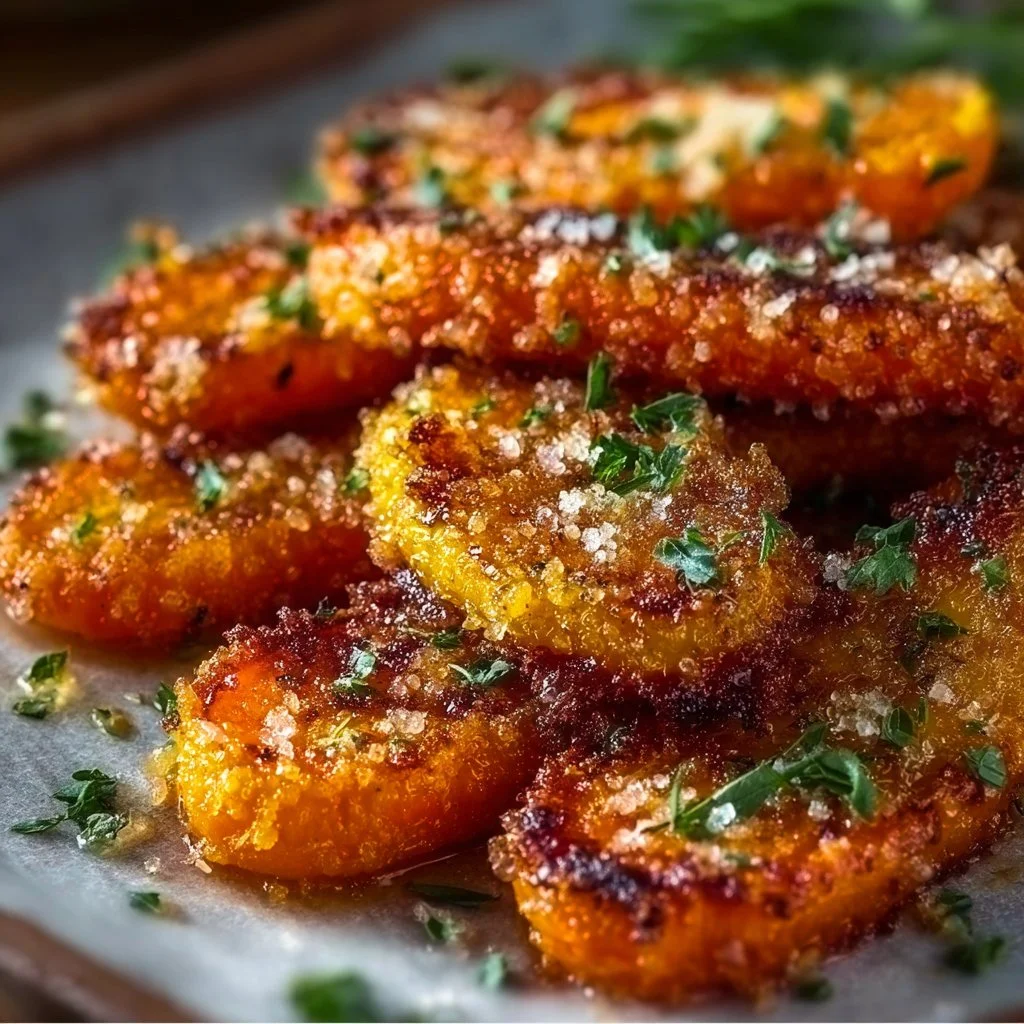 Crispy smashed carrots served on a plate with herbs and seasoning.