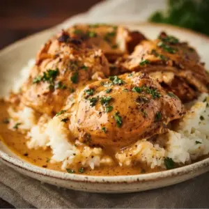 Crockpot Honey Mustard Chicken served with vegetables on a plate