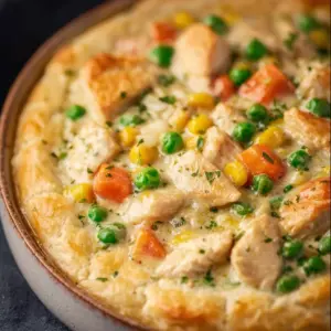 Delicious crustless chicken pot pie topped with fresh herbs