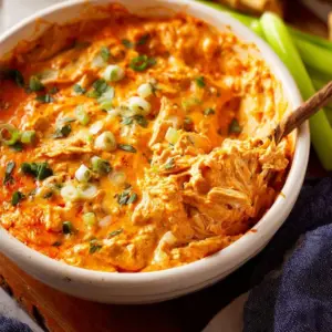 Dairy-free healthy buffalo chicken dip served in a bowl