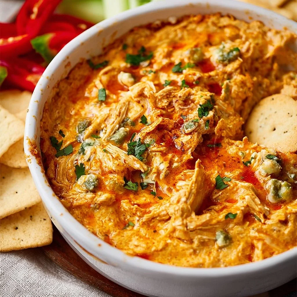 Dairy-Free Healthy Buffalo Chicken Dip served in a bowl with celery sticks