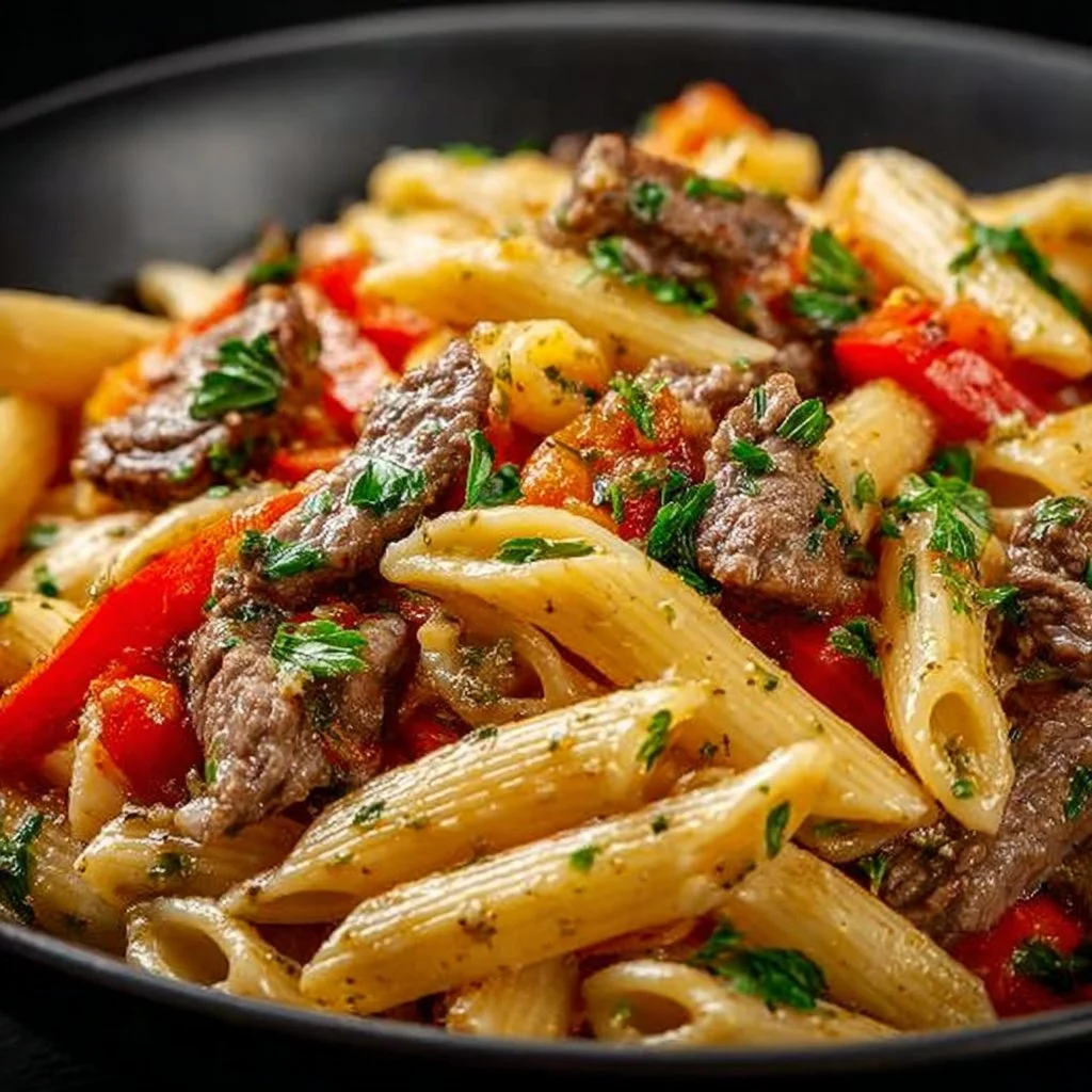 Delicious garlic beef pasta served in a bowl with fresh herbs