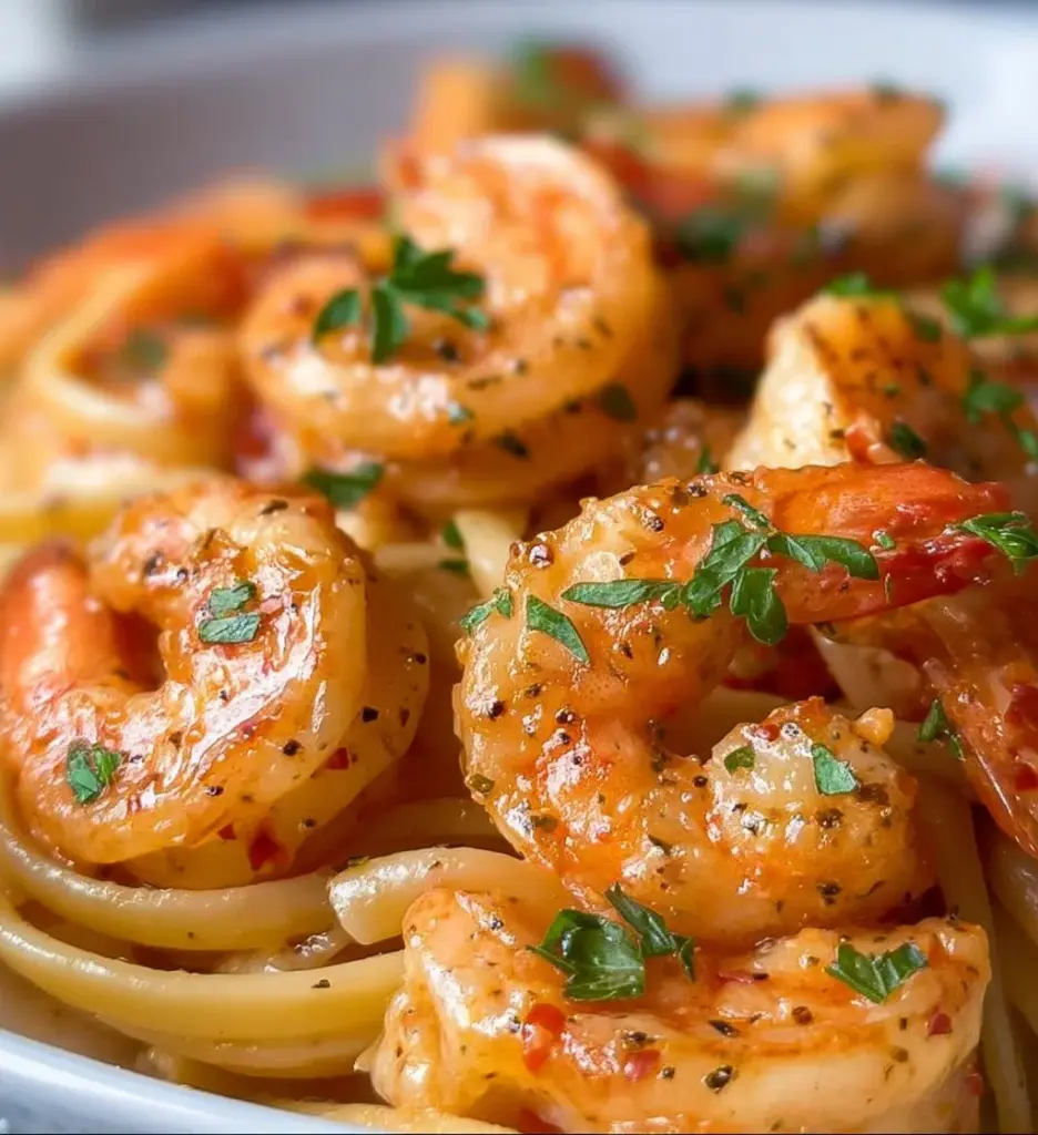 Delicious shrimp pasta garnished with herbs and lemon slices