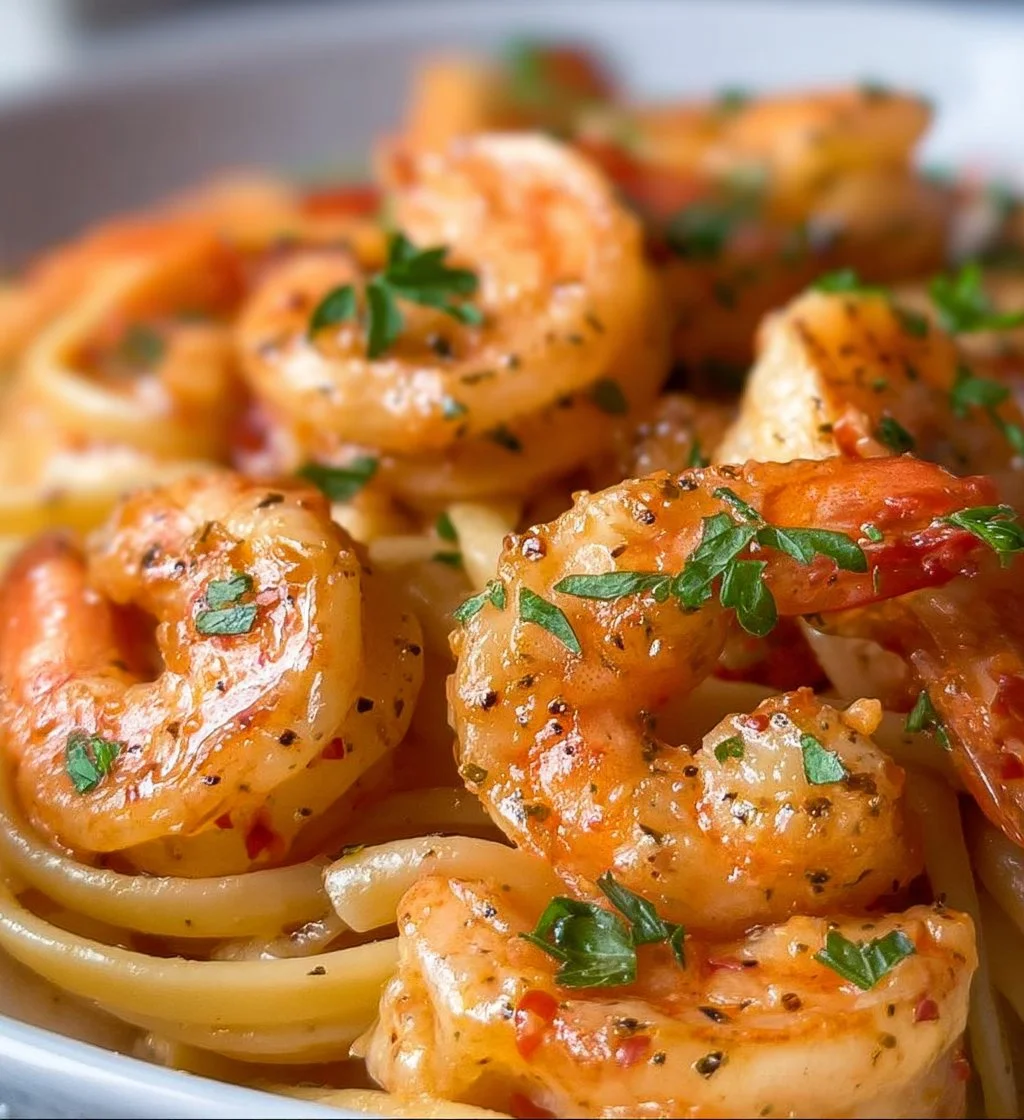 Delicious shrimp pasta garnished with herbs and lemon slices