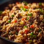 Plate of Dirty Rice with Ground Beef, garnished with green onions.