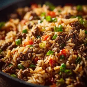 Plate of Dirty Rice with Ground Beef, garnished with green onions.