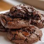 Freshly baked double chocolate chunk cookies with melting chocolate chunks