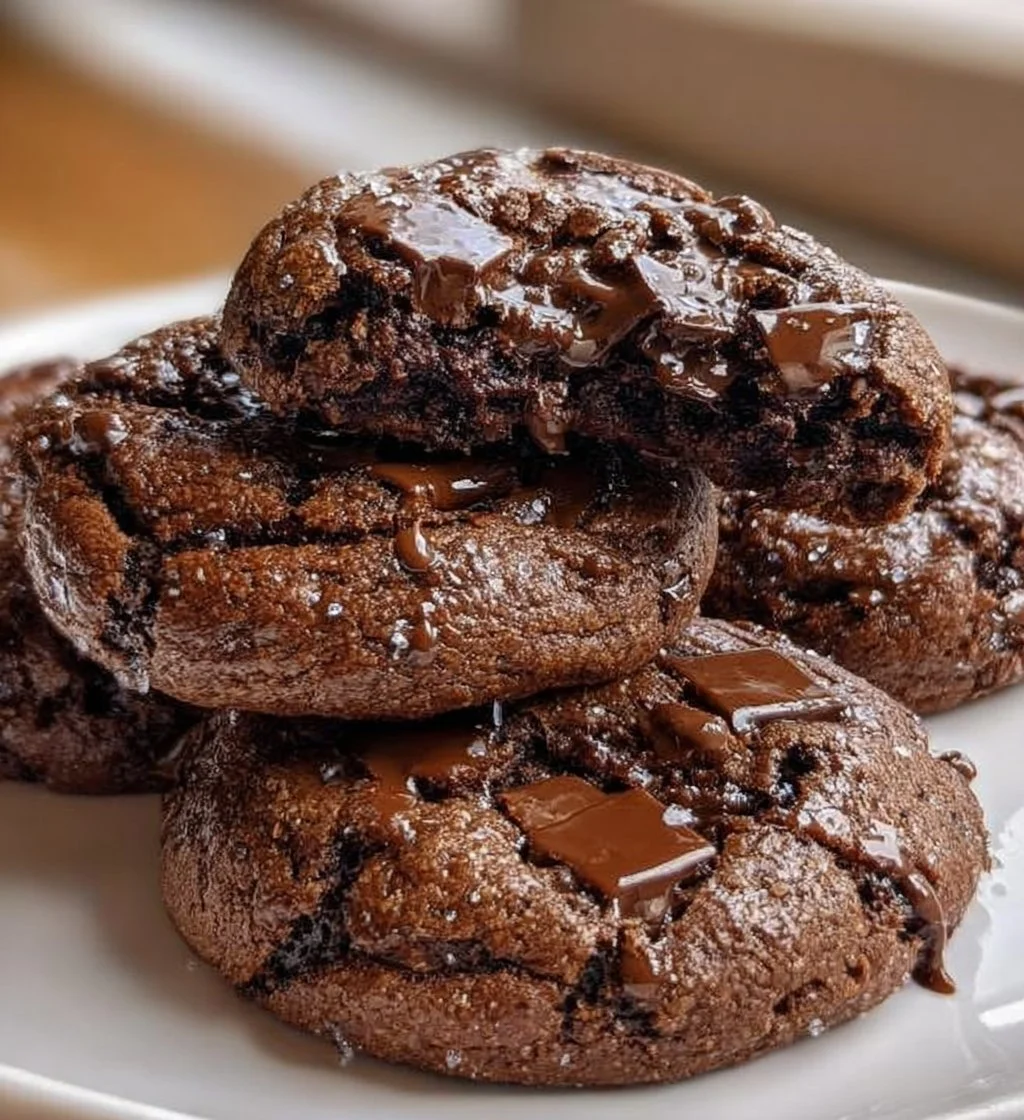 Freshly baked double chocolate chunk cookies with melting chocolate chunks