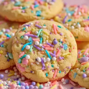 Colorful decorated Easter cookies on a festive background