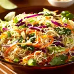 A bowl of easy Asian Ramen Noodle Salad with colorful vegetables and dressing