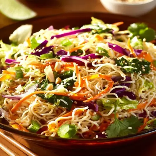 A bowl of easy Asian Ramen Noodle Salad with colorful vegetables and dressing
