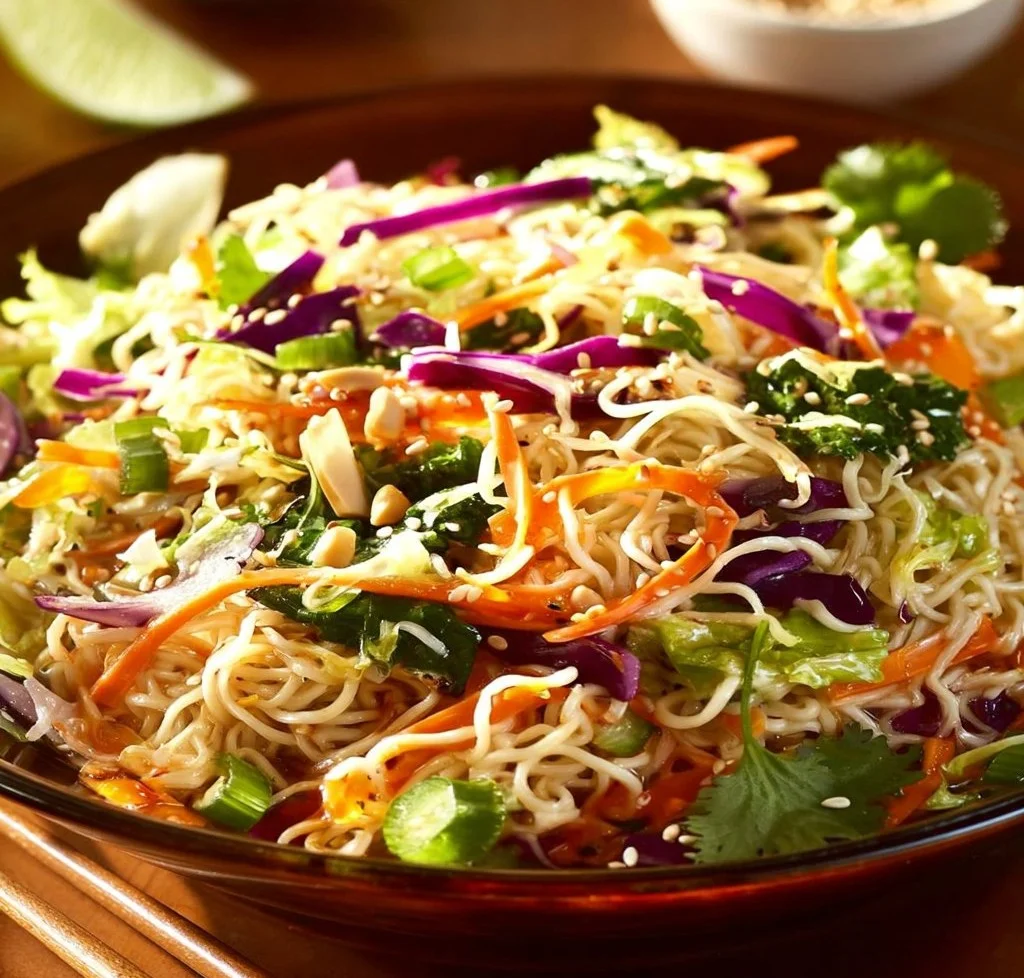 A bowl of easy Asian Ramen Noodle Salad with colorful vegetables and dressing