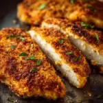 Crispy easy breaded chicken breasts on a plate