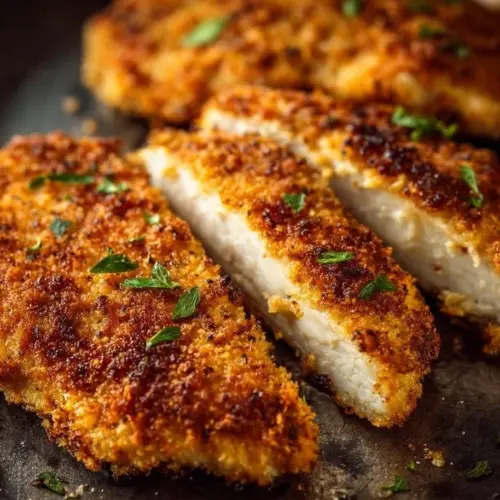 Crispy easy breaded chicken breasts on a plate