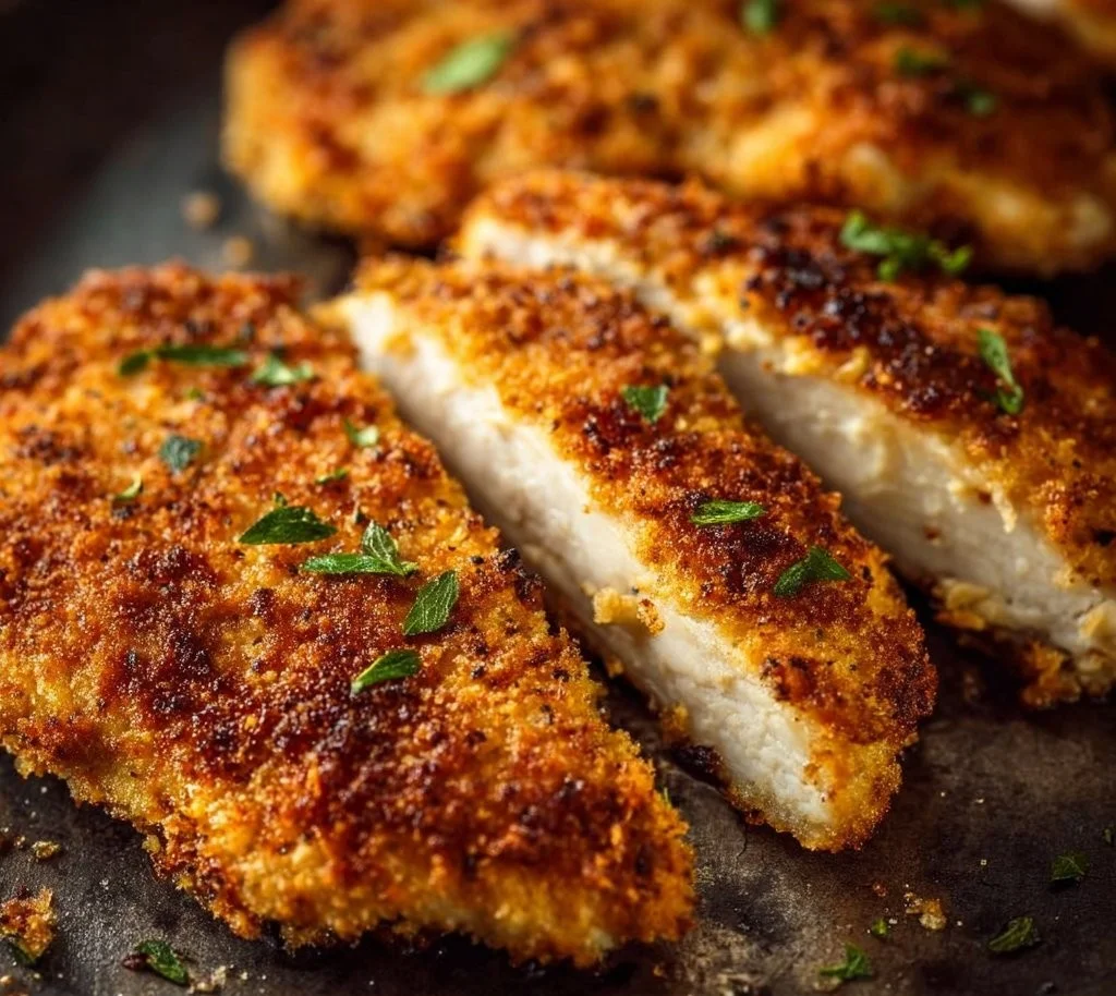 Crispy easy breaded chicken breasts on a plate