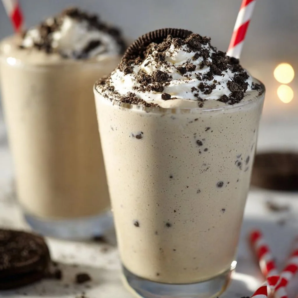 Delicious cookies and cream protein shake in a glass with chocolate sprinkles