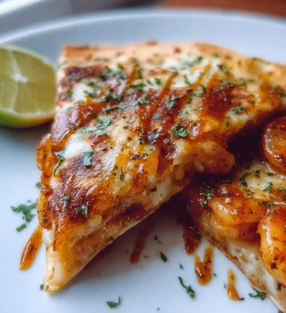 Easy and healthy shrimp quesadilla served on a plate with fresh toppings