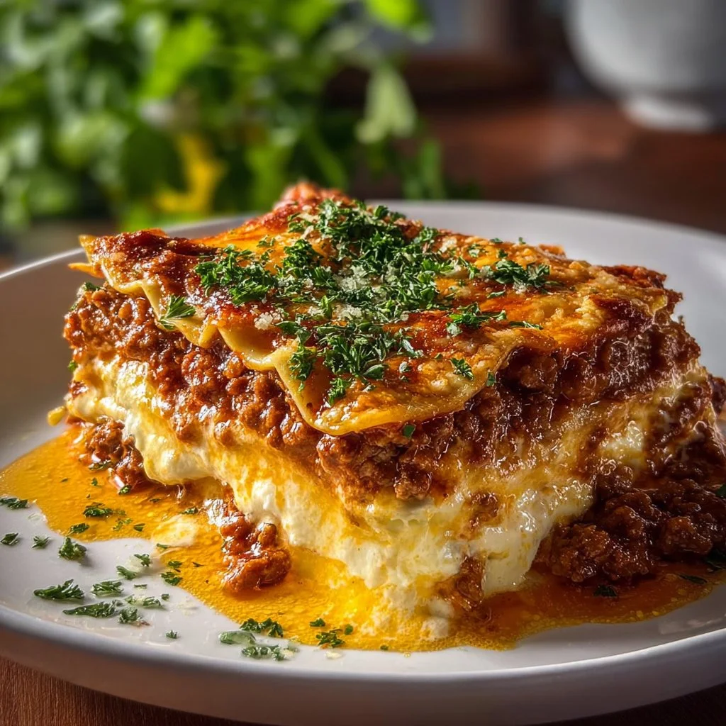 Easy lasagna with cottage cheese baked to perfection