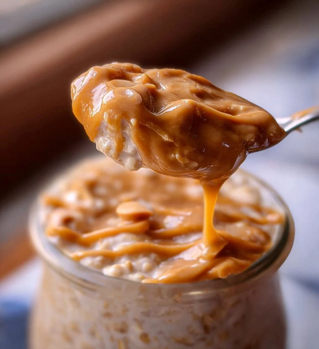 Bowl of easy peanut butter overnight oats topped with banana and nuts