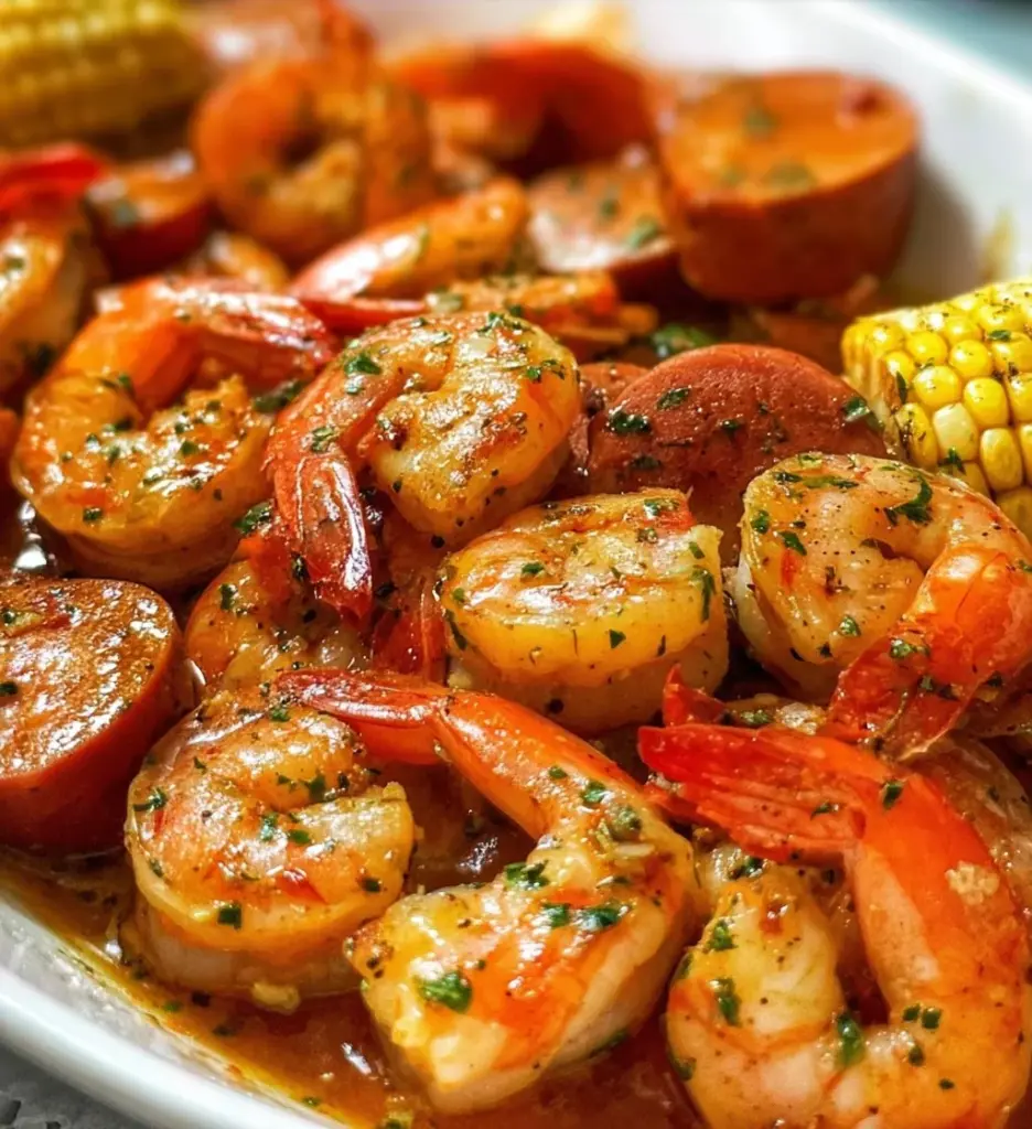 A delicious easy shrimp boil served with corn and potatoes in a festive setting