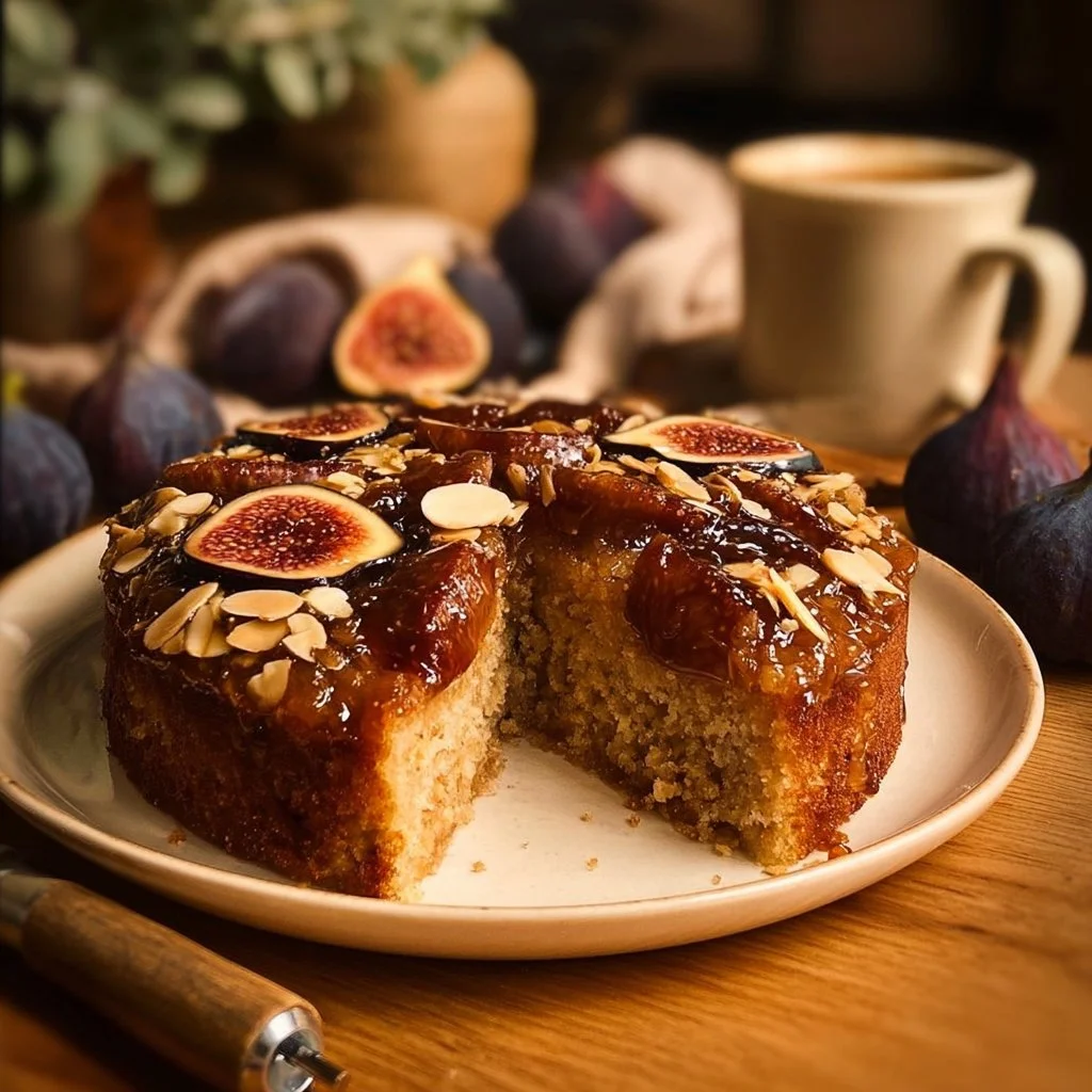 Delicious Fig Almond Date Cake topped with nuts and fresh figs.