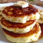 Fluffy cottage cheese banana pancakes stacked on a plate