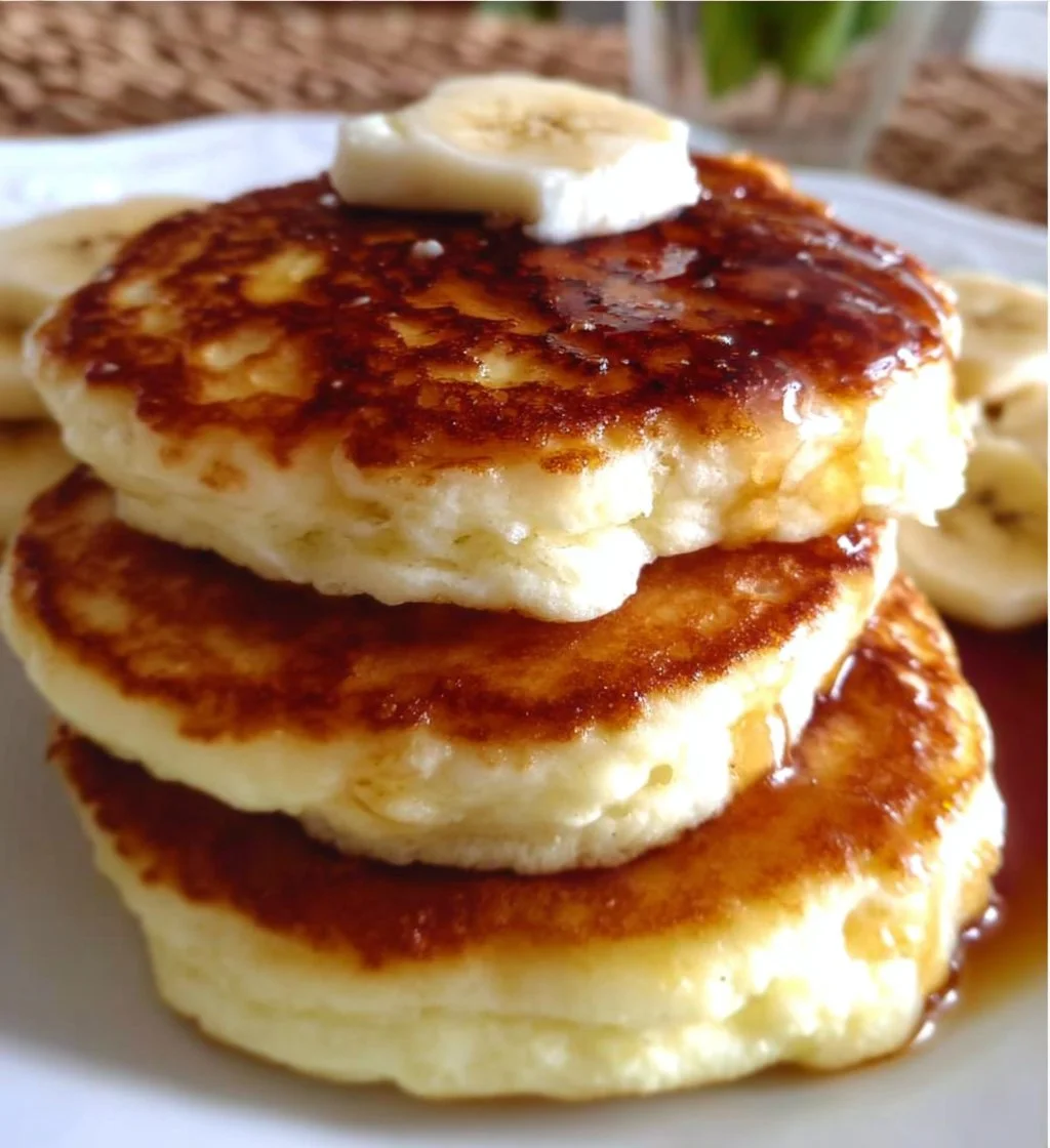 Fluffy cottage cheese banana pancakes stacked on a plate
