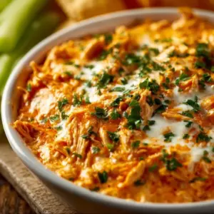 Delicious Frank's Buffalo Chicken Dip served in a bowl with chips