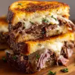 Delicious French Dip Grilled Cheese sandwich with melted cheese and au jus.