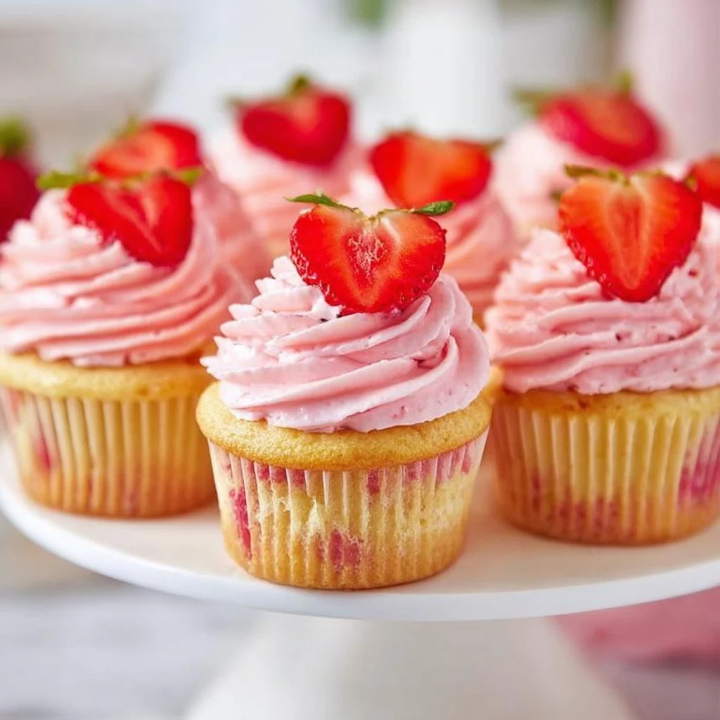 Fresh strawberry cupcakes topped with creamy frosting and fresh berries