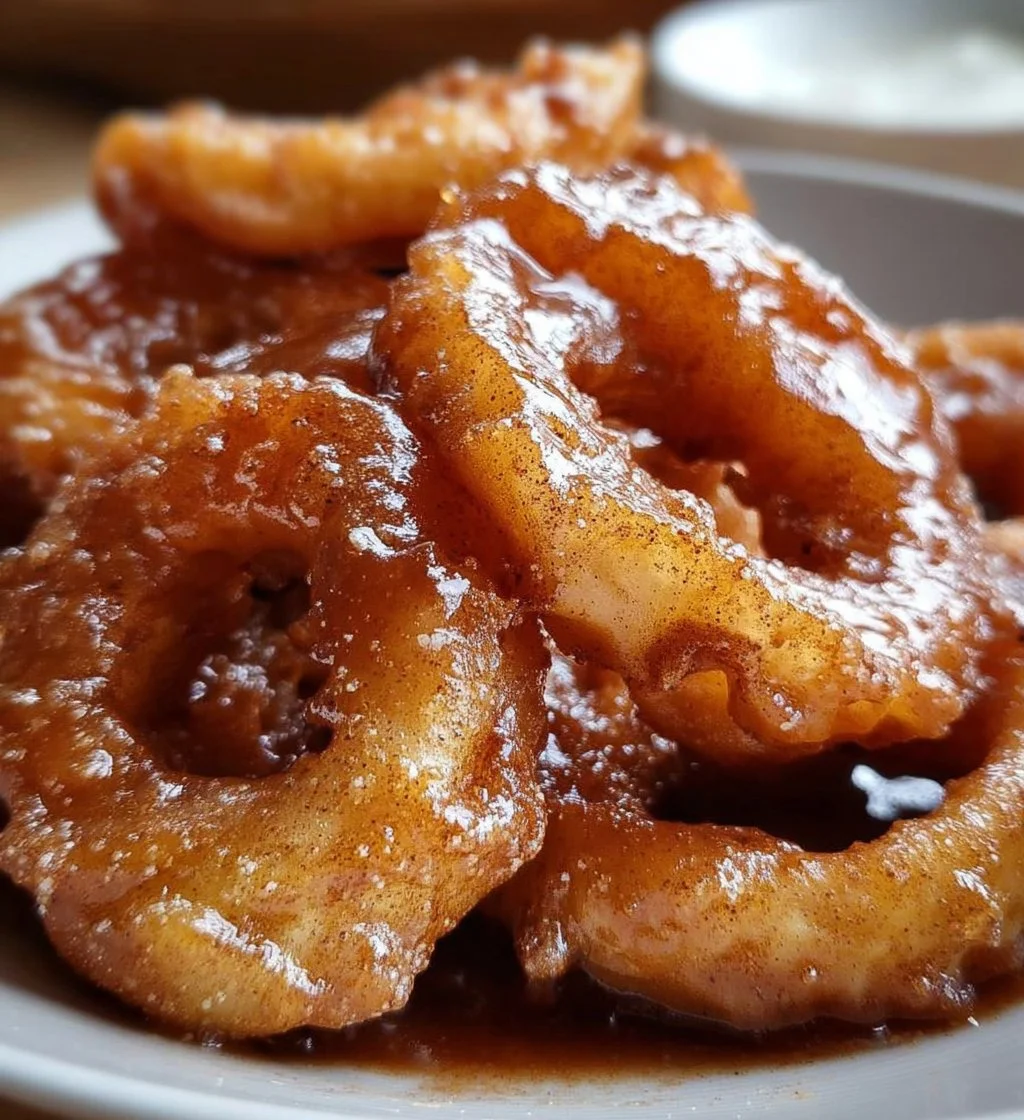 Fried Cinnamon Apple Rings coated in sugar and cinnamon