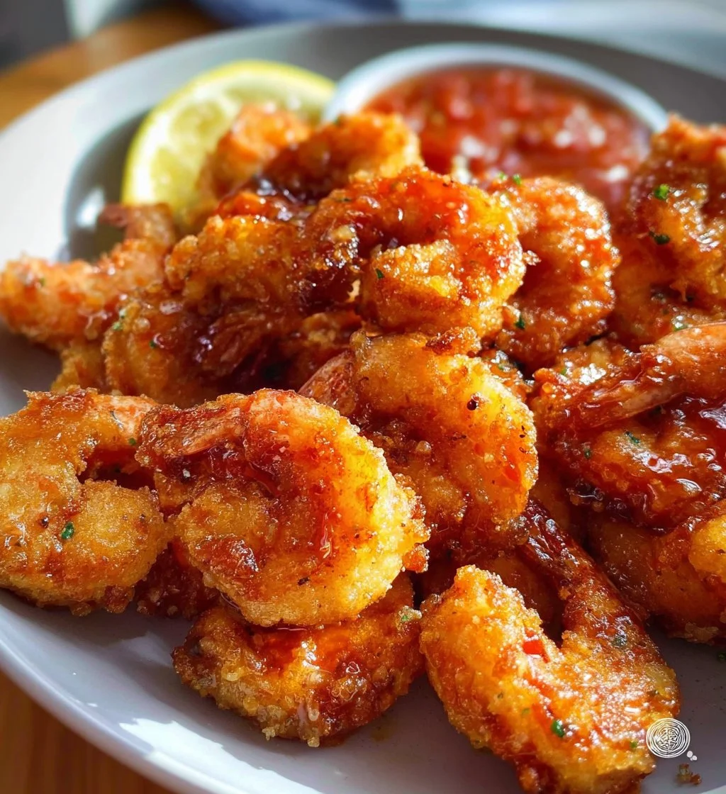 A plate of golden, crispy fried shrimp served with a side of dipping sauce
