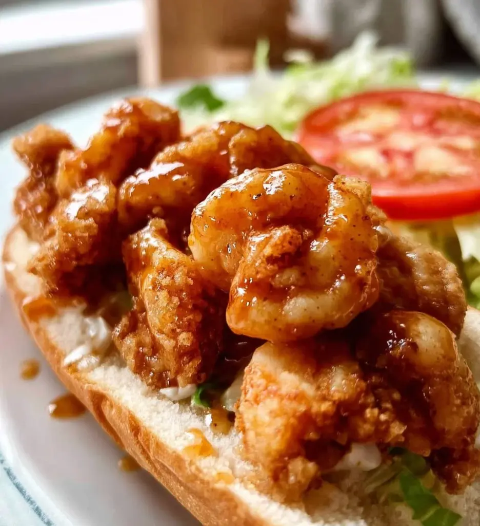 Crispy Fried Shrimp PoBoy sandwich with lettuce and sauce