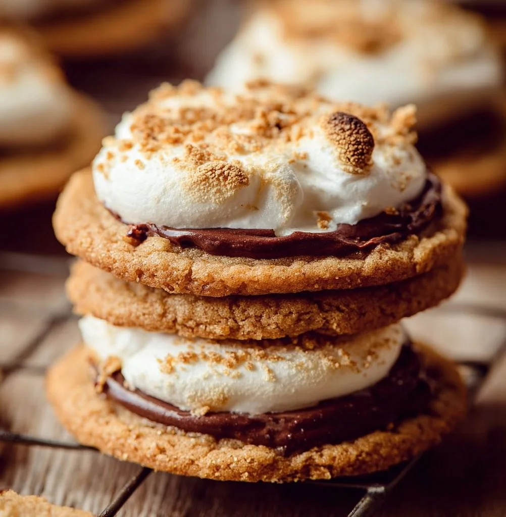 Frosted S'mores cookies with chocolate and marshmallow topping