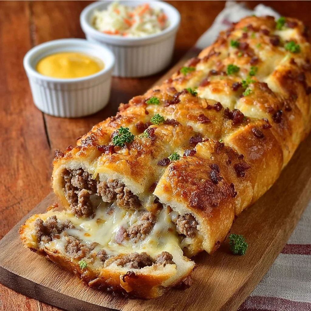 Freshly baked Garbage Bread filled with assorted ingredients and toppings.