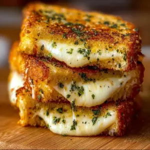 Delicious garlic bread grilled cheese sandwich with melted cheese and crispy garlic crust