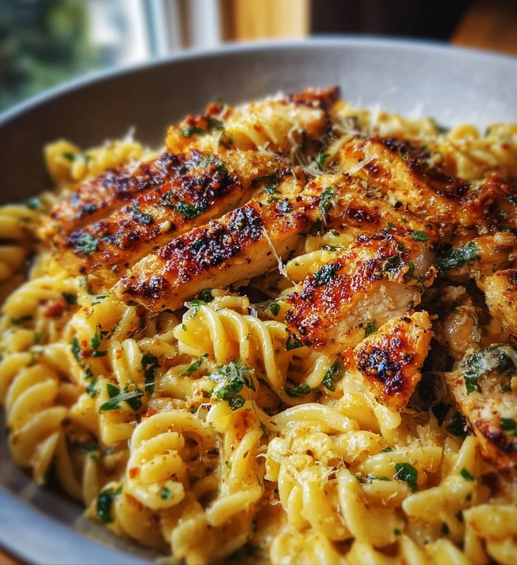 Delicious Garlic Butter Chicken Pasta served with herbs and spices
