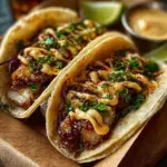 Garlic Butter Honey BBQ Tacos displayed on a wooden platter, garnished with herbs.