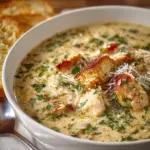 Bowl of creamy Garlic Parmesan Chicken Soup garnished with herbs.