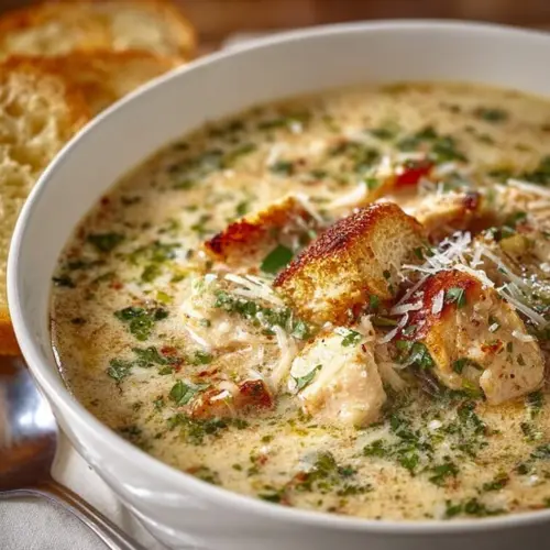 Bowl of creamy Garlic Parmesan Chicken Soup garnished with herbs.