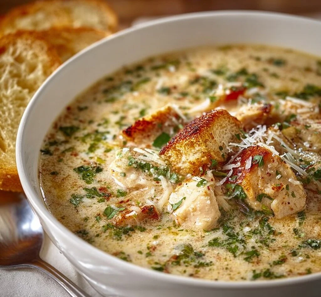 Bowl of creamy Garlic Parmesan Chicken Soup garnished with herbs.
