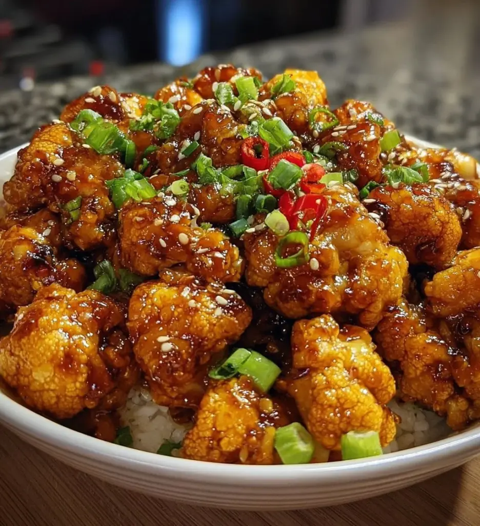 Delicious General Tso's Cauliflower Bowl served with rice and vegetables
