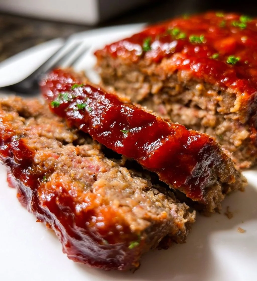 Delicious gluten-free meatloaf served with mashed potatoes and green beans.