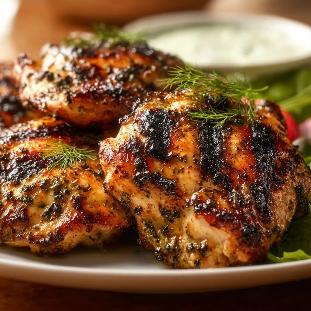 Delicious Greek yogurt marinated chicken on a plate garnished with herbs