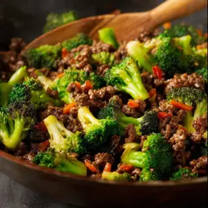 Ground beef and broccoli stir fry served in a bowl