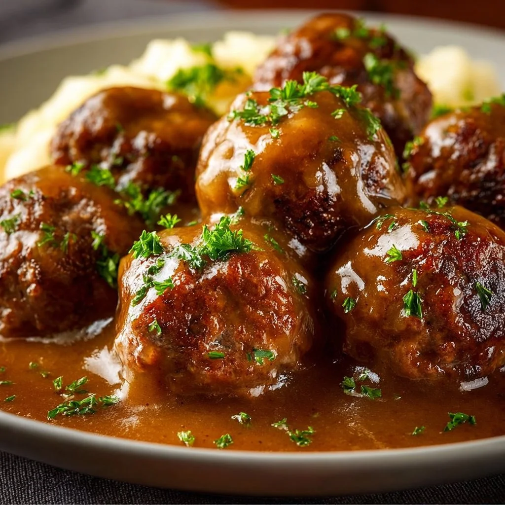 Delicious ground beef meatballs served with rich gravy on a plate