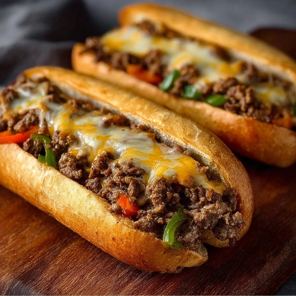 Ground Beef Philly Cheesesteaks with melted cheese and peppers on a hoagie roll