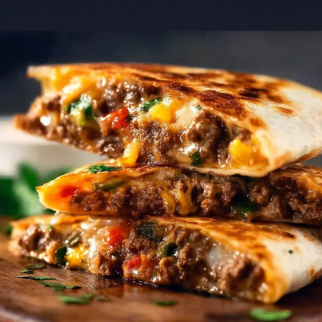 Delicious ground beef quesadillas served with salsa and cheese