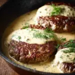 Hamburger steaks served in creamy dill sauce on a plate