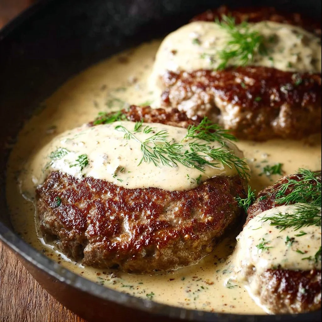 Hamburger steaks served in creamy dill sauce on a plate